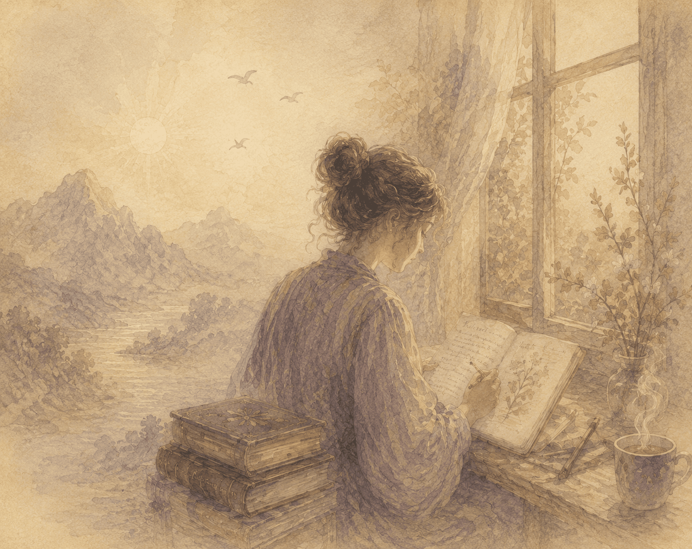 A quiet study by a window where a reader turns memories into written knowledge